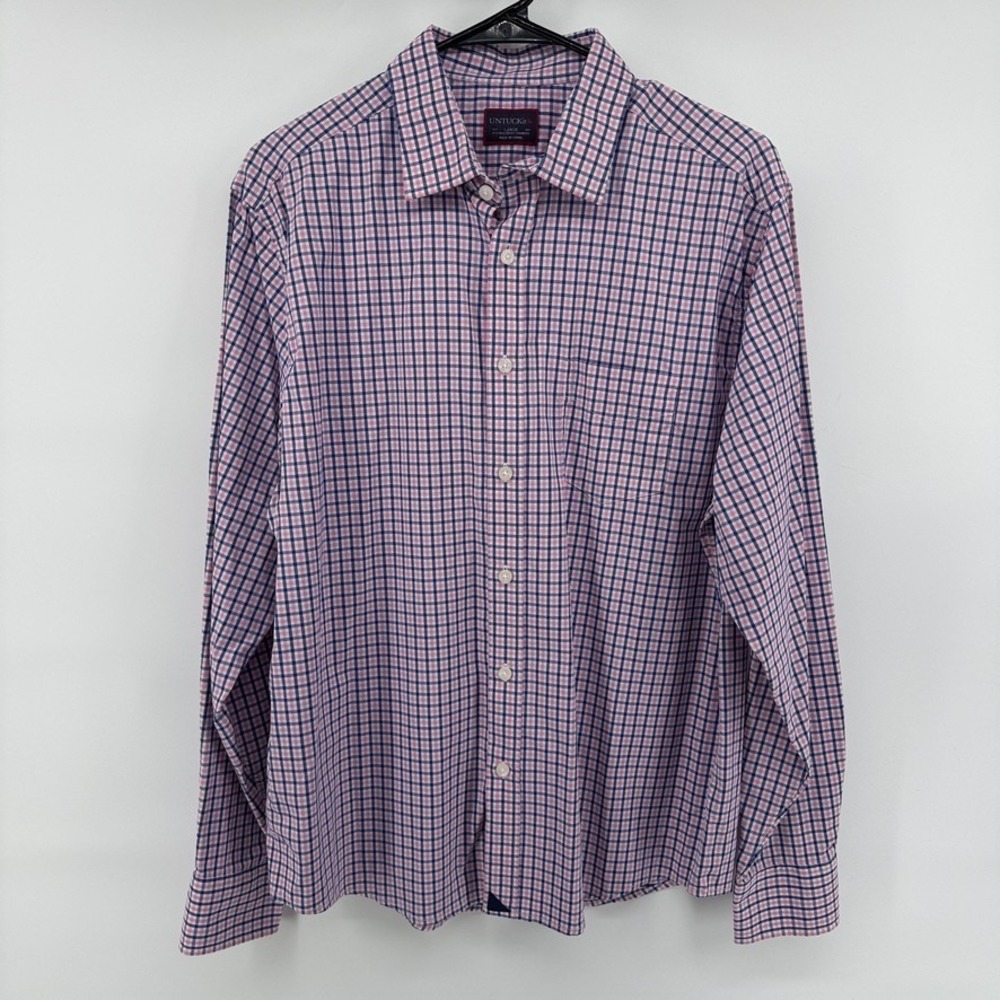 UNTUCKit Button Down Shirt Mens Large Blue Gingham Performance Stretch Plaid